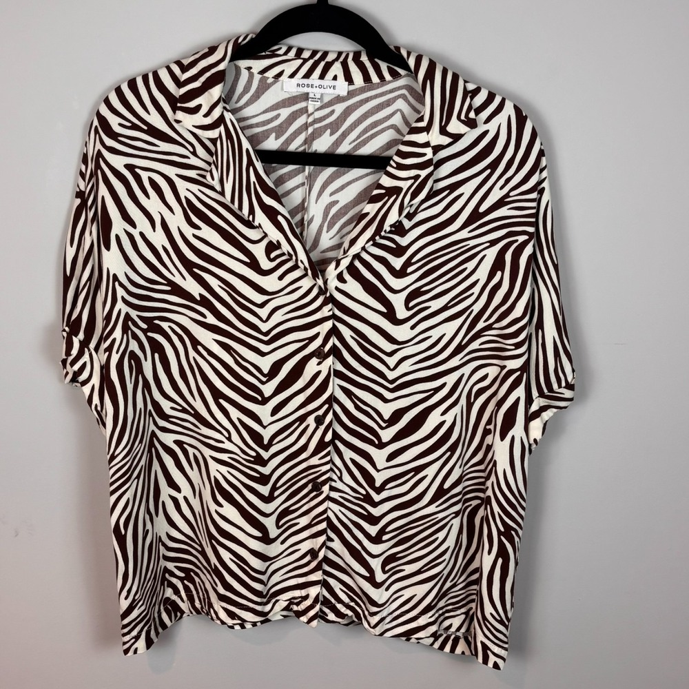 Rose & Olive Womens Brown Animal print Crop Boxy Button up Top LG Bambicore